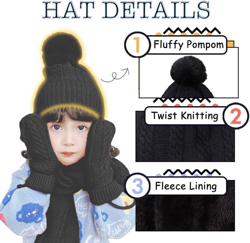 Peecabe Kids Winter Hat Scarf Mittens Set Toddler Knitted Beanie Girls Fleece Children Neck Warmer Boys Warm Gloves 2-7 Years - Image 2